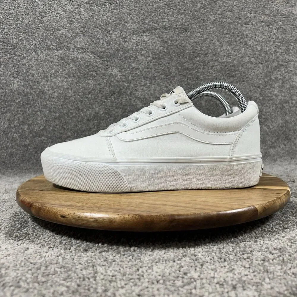 VANS Ward Platform Women's Sz 9 White Canvas Athletic Skate Platform Shoes Used